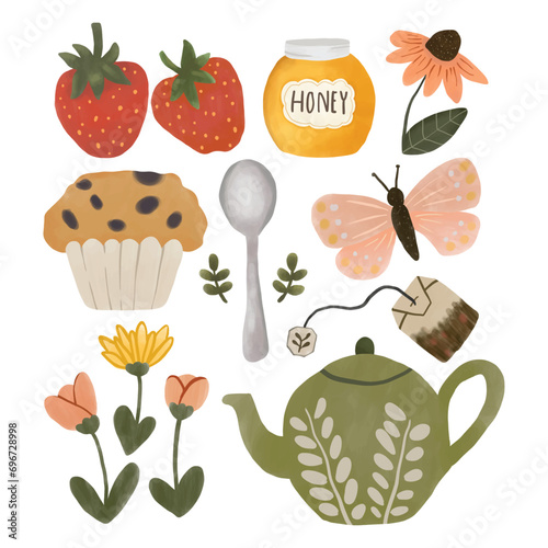 Set of tea time elements. Vector illustration