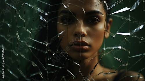 a portrait of indian woman with broken mirror, a concept of mental health and human trafficking photo