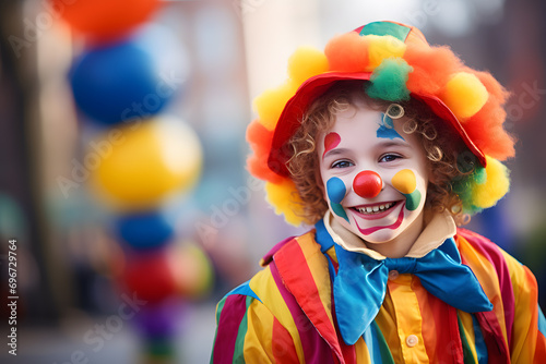 Cute young boy child dressed up with colorful clown costume for European carnival celebration photo