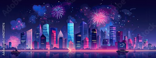 Cityscape on a neon background with bright fireworks