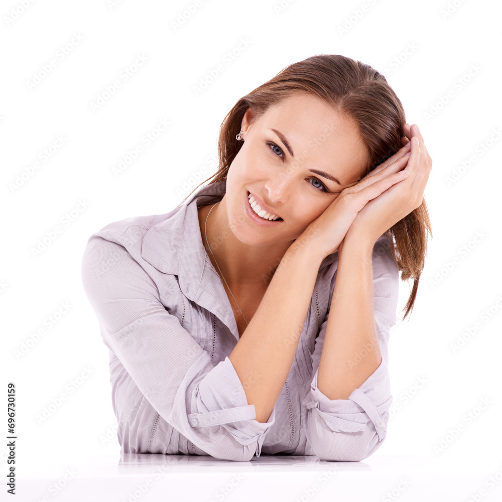Smile, casual or portrait of happy woman in studio isolated on white background for trendy style. Hands, face or confident fashion designer in elegant outfit for job, work or career with pride or joy Smile, casual or portrait of happy woman in studio isolated on white background for trendy style. Hands, face or confident fashion designer in elegant outfit for job, work or career with pride or joy