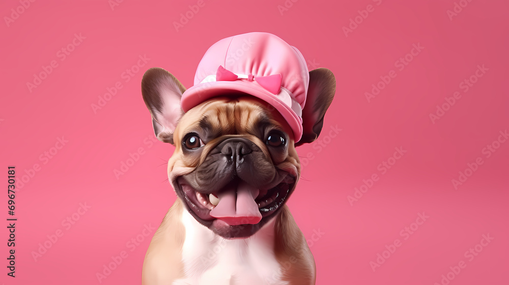 Happy french bulldog with tongue sticking out and wearing pink hat isolated on warm pink background