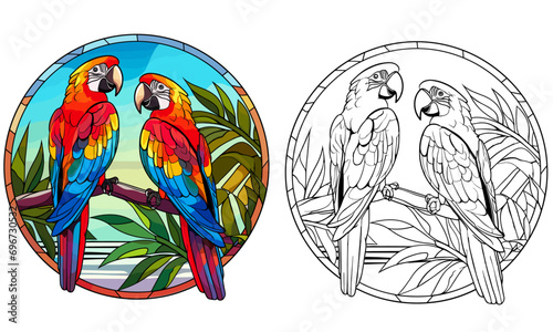 Two Beautiful Macaw Parrots on Branch: Stained Glass Coloring Page and Flat Color Cover Design Vector with Presents, White Background