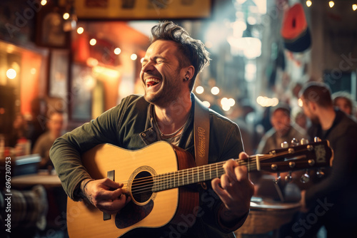 Cheerful musician performing guitar in a pub