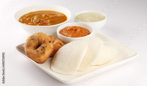 Idli, wada, sambhar, red chutney, coconut chutney, south Indian tiffin or breakfast/ snack  photo