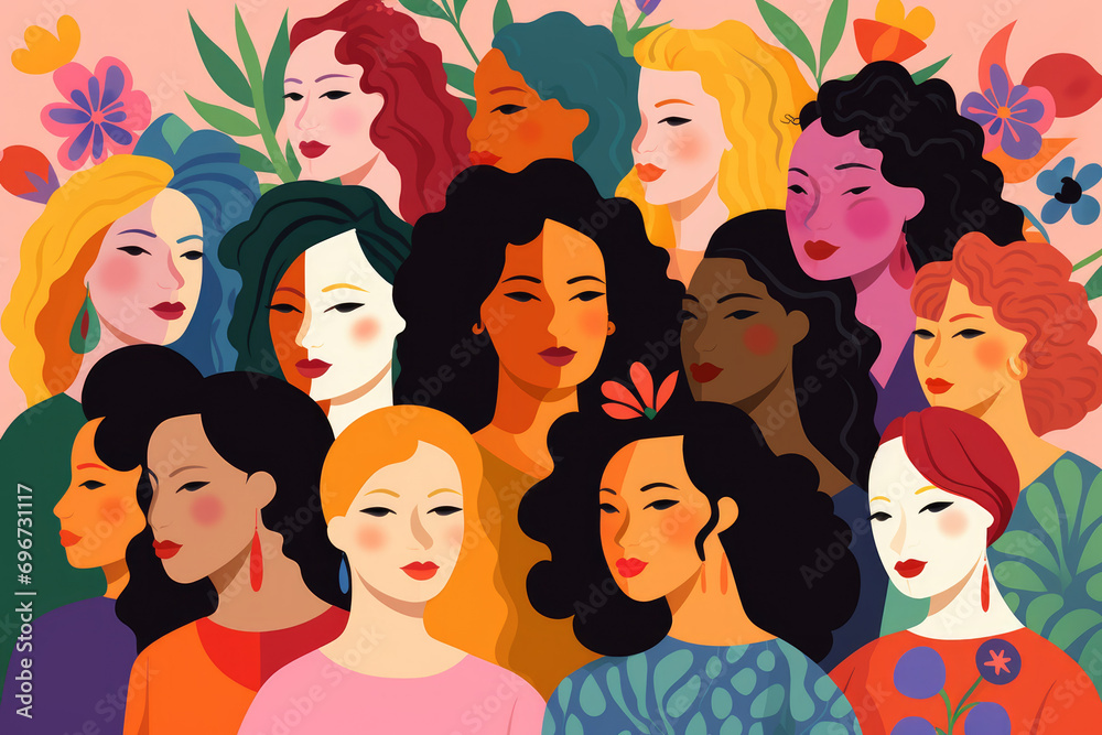  illustration of diverse and multi cultural women, International Women's Day concept