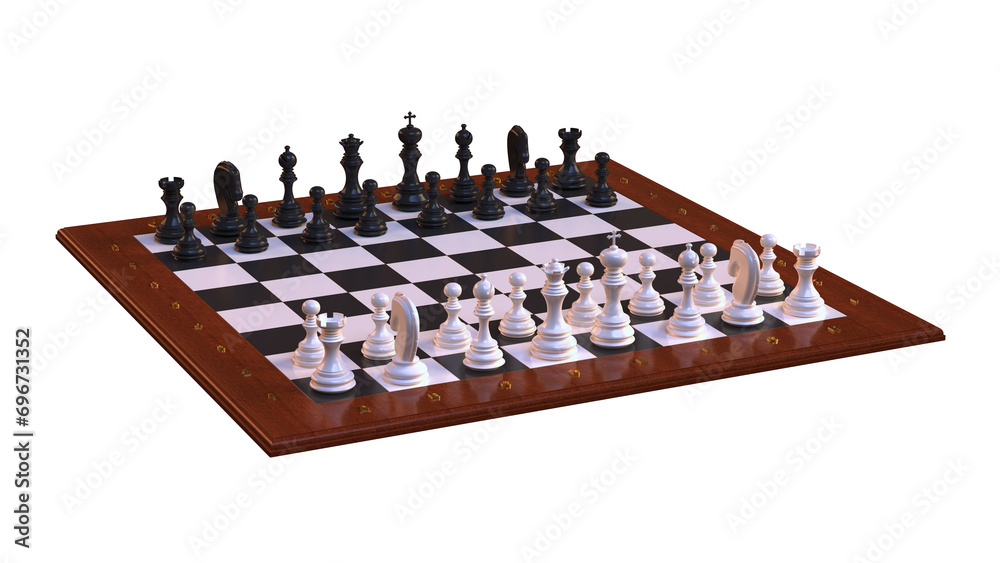 Chess pieces on a chess board. Transparent background. 3D Rendering. Chess pieces on a chess board. Transparent background. 3D Rendering.