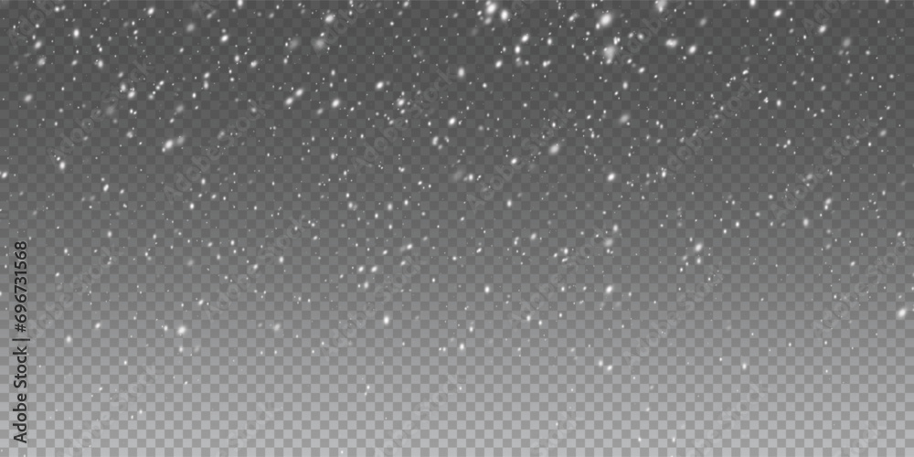 Falling snowflakes in transparent beauty, delicate and small, isolated on a clear background. Snowflake elements, snowy backdrop. Vector illustration of intense snowfall, snowflakes. - obrazy, fototapety, plakaty 