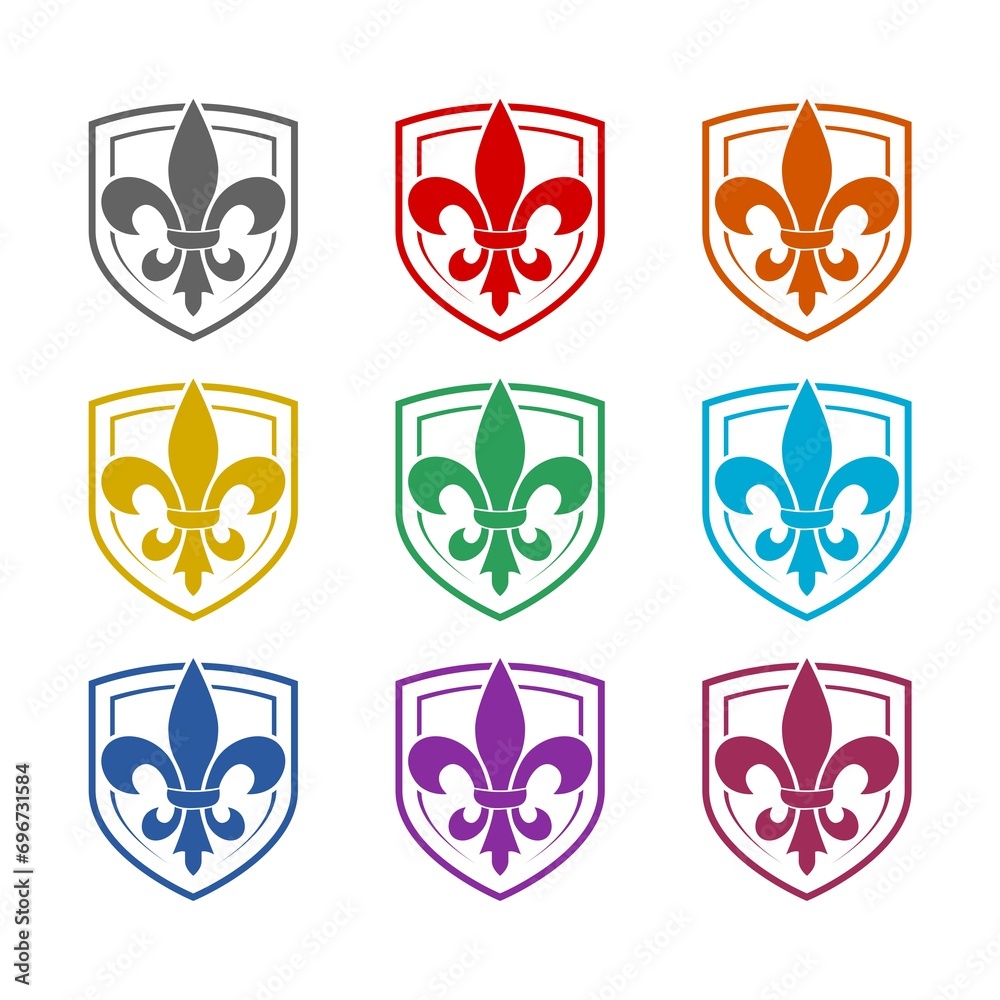 Shield with fleur de lis  icon isolated on white background. Set icons colorful - obrazy, fototapety, plakaty 