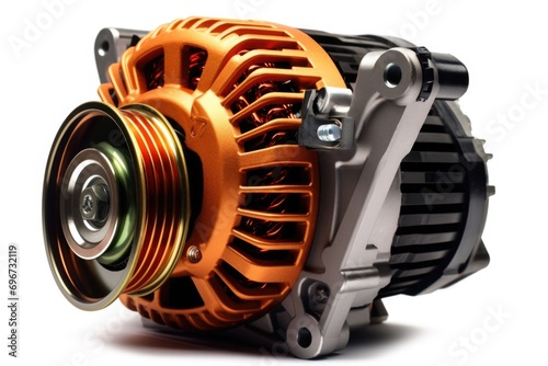 A compact and straightforward description of an orange alter motor on a white background. This image can be used for various purposes