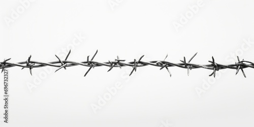 A black and white photo showcasing barbed wire. This image can be used to depict themes such as confinement  security  boundaries  or obstacles.