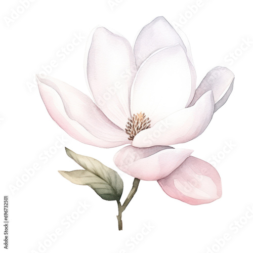 Watercolor illustration of a Magnolia flower branch isolated on background. PNG transparent background.