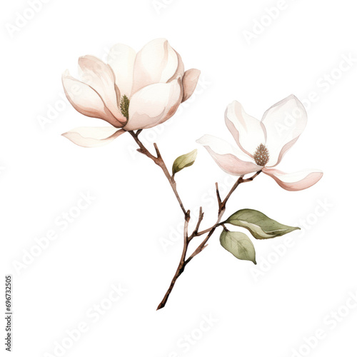 Watercolor illustration of a Magnolia flower branch isolated on background. PNG transparent background.