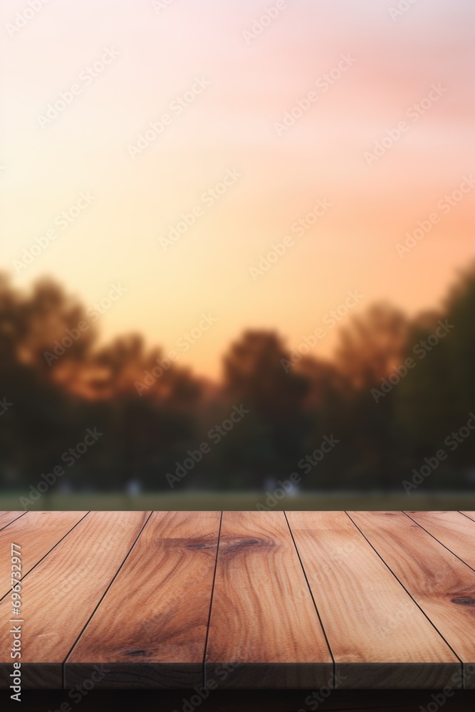 A wooden table with a beautiful and hazy sunset in the background. Perfect for adding a warm and rustic touch to any design or project A wooden table with a beautiful and hazy sunset in the background. Perfect for adding a warm and rustic touch to any design or project