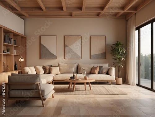 Interior with armchair and coffee tables in living room with window and wooden decor on beige wall