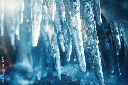 Icicles hanging from the ceiling of a cave. Suitable for nature, winter, and underground themes