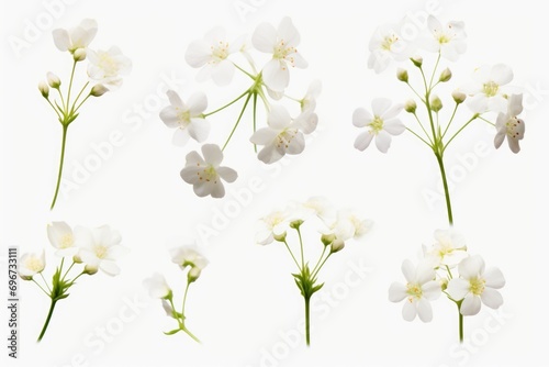 A bunch of white flowers on a plain white background. Perfect for adding a touch of elegance and simplicity to any design