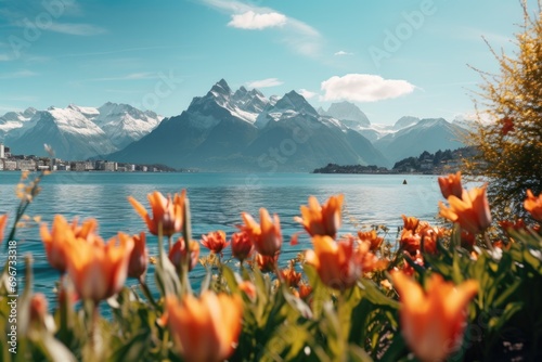 A picturesque view of a lake with vibrant orange flowers in the foreground. Perfect for nature and landscape enthusiasts.