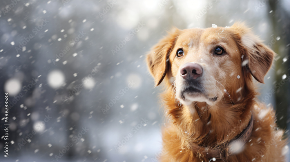 Dog during snowfall with blurred background