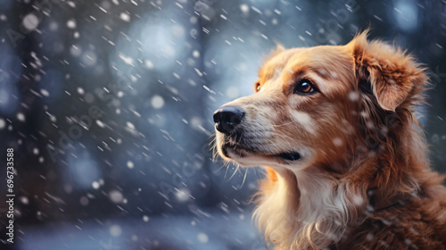 Dog during snowfall with blurred background