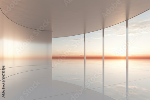 An empty room with a beautiful view of the ocean. Perfect for interior design projects or vacation-themed content