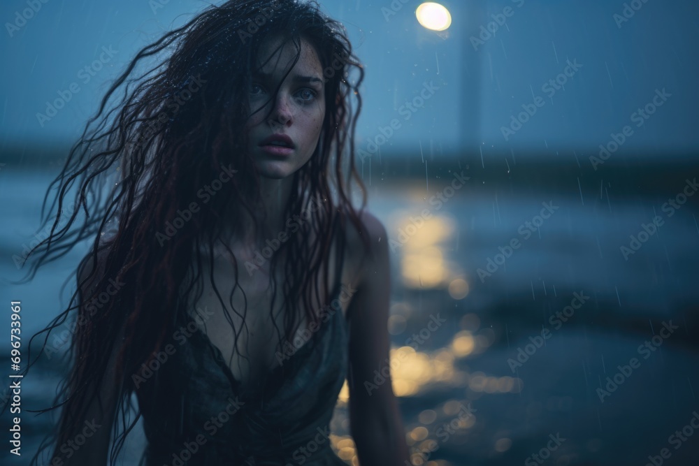 A woman with long hair standing in the rain. Suitable for depicting emotions, weather conditions, and nature