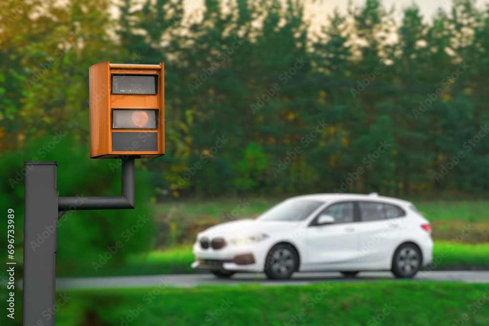 A yellow speed camera flashes as it detects a speeding car on a highway