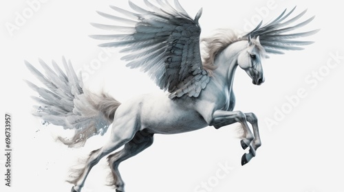 A majestic white horse with wings soaring through the sky. Perfect for adding a touch of fantasy and magic to any project