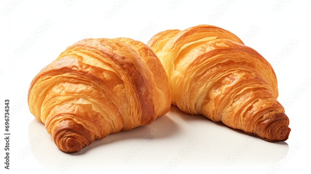 Two croissants sitting on top of a white surface. Perfect for bakery and breakfast themed designs