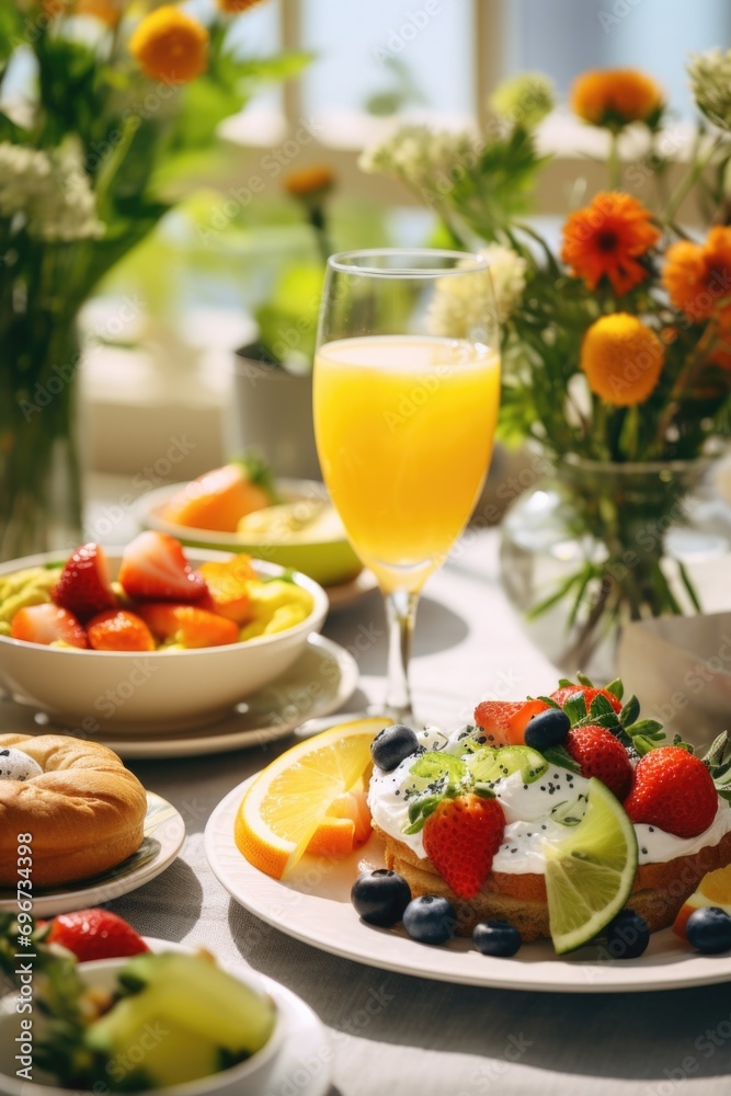A table topped with plates of food and a glass of orange juice. Perfect for food-related designs and concepts A table topped with plates of food and a glass of orange juice. Perfect for food-related designs and concepts