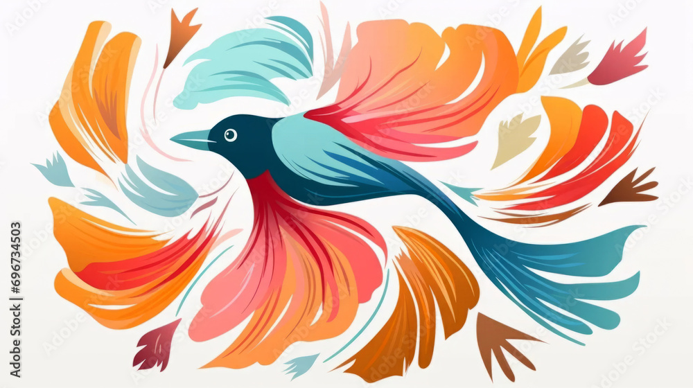 Obraz premium Bird minimalist illustration in floral style. Animal surrounded by vivid flowers on a white background.
