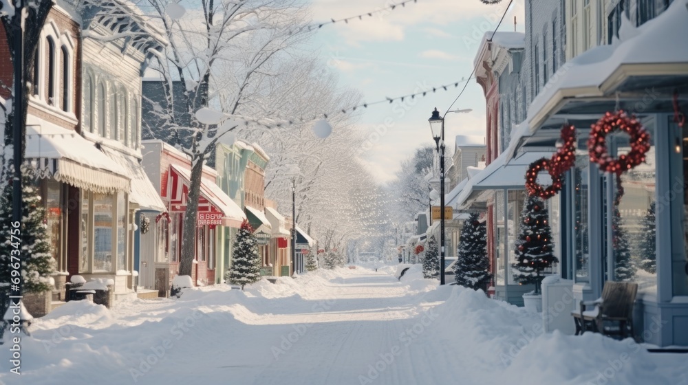 A picturesque snowy street lined with charming shops covered in snow. Perfect for winter-themed designs and holiday promotions