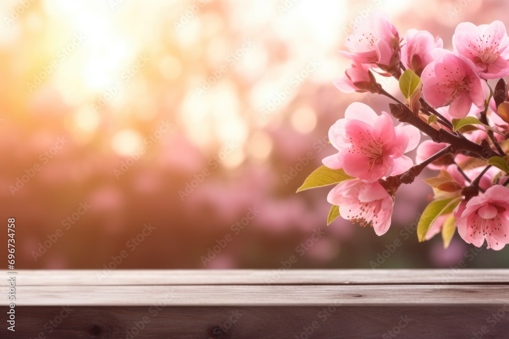 A wooden table with a vase filled with pink flowers. Perfect for adding a touch of nature and color to any space A wooden table with a vase filled with pink flowers. Perfect for adding a touch of nature and color to any space
