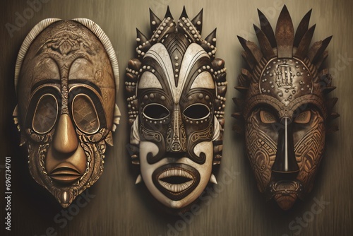 Tribal mystic African masks. Ceremonial antique cultic curved voodoo masks. Generate ai photo