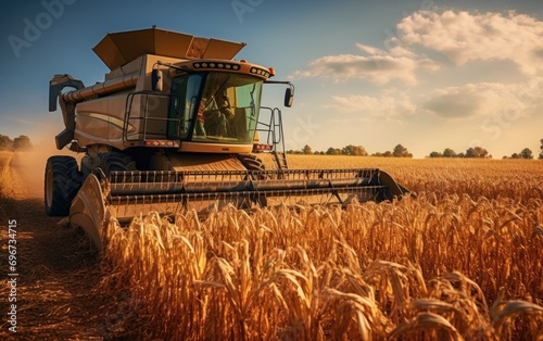 Harvest season. A combine harvester processing corn in a golden field