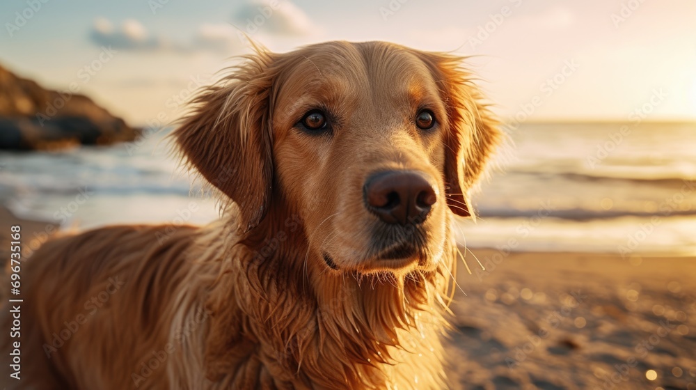 A brown dog standing on top of a sandy beach. Suitable for pet-related content or beach-themed designs