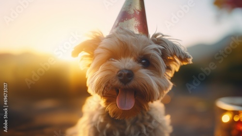 A fun-loving dog wearing a party hat and sticking out its tongue. Perfect for celebrating special occasions. © Fotograf