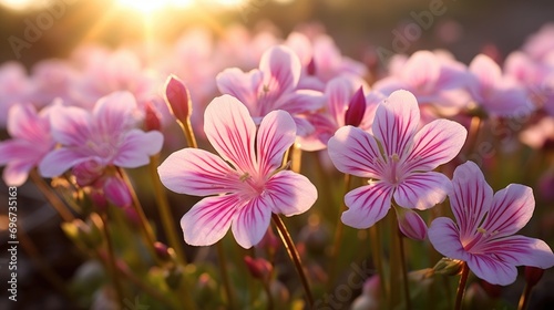 A beautiful field of pink flowers with the sun shining in the background. Perfect for nature and spring-themed projects