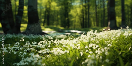 A beautiful forest filled with white flowers. Perfect for nature lovers and spring-themed designs