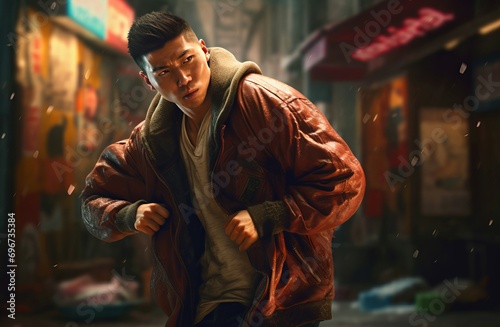 Asian man fighting outdoor. Street brawler guy in fight position. Generate ai photo