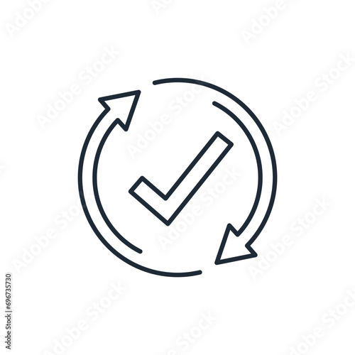 Rotation arrows and check mark. New change. Update concept of replace or swap symbol. Vector linear icon illustration isolated on white background.