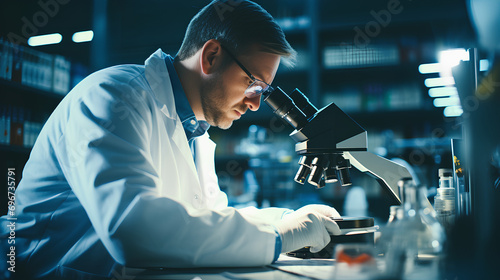 a man researcher in a medical laboratory, working with a microscope photo