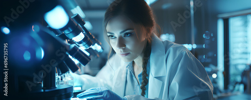 a woman researcher in a medical laboratory, working with a microscope photo