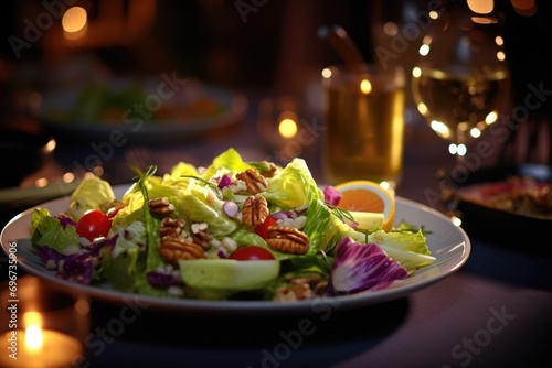A plate of salad is beautifully displayed on a table with flickering candles in the background. This image can be used to showcase a healthy meal or for various dining and culinary concepts