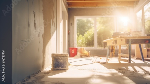 A bucket of paint sitting on the floor of a house. Can be used for home improvement or interior design projects