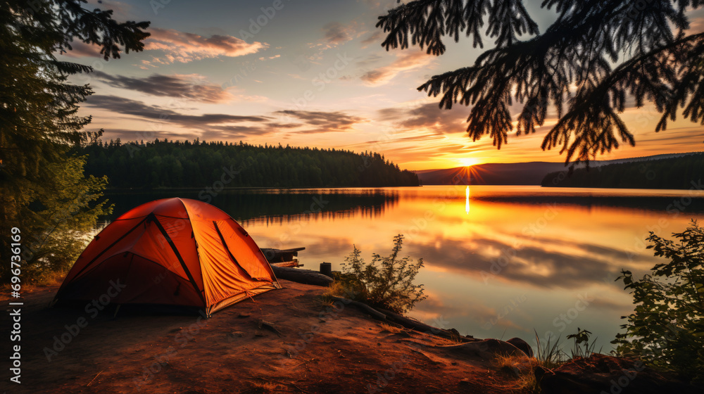 Camping tent next to a lake at sunset