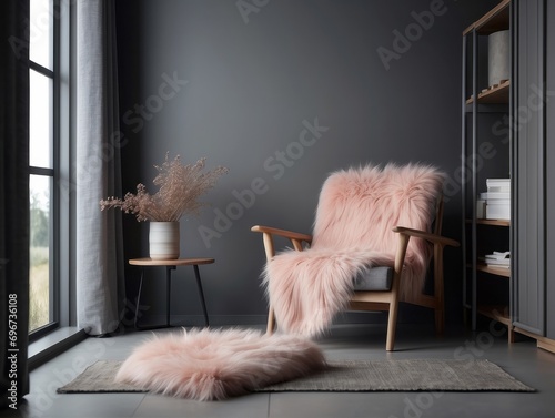 Grey lounge chair with pink fur blanket