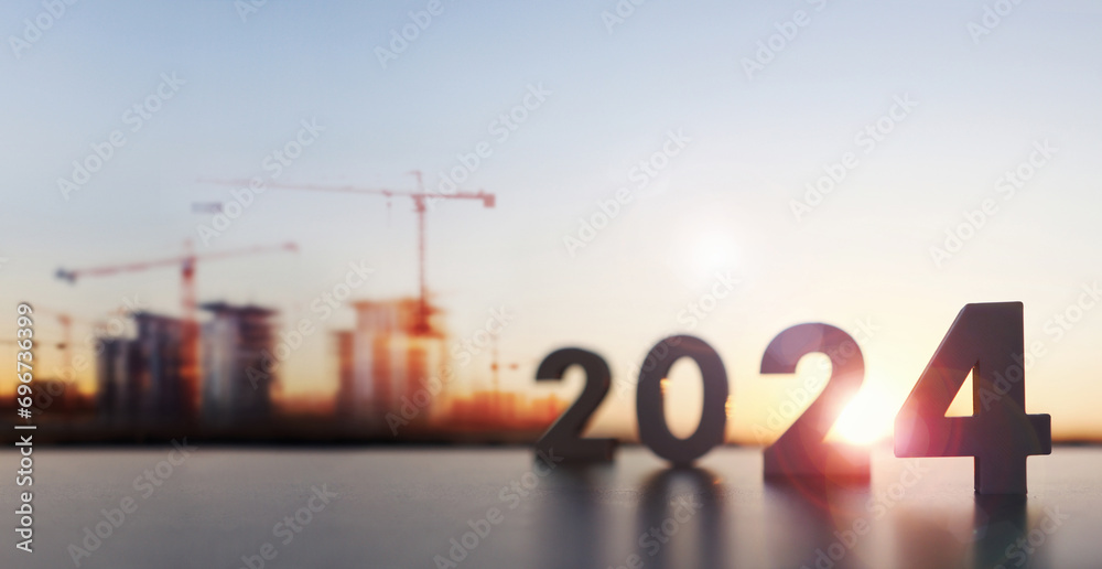 Brightly rising new year in 2024, sunrise, architecture and construction site background, and building and apartment real estate market concept
 - obrazy, fototapety, plakaty 