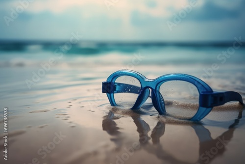 Swimming blue goggles on beach. Summer vacation eyepiece aquatic item. Generate ai