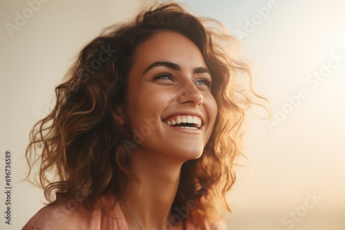 A woman with curly hair smiles at the camera. Perfect for lifestyle and beauty concepts photo